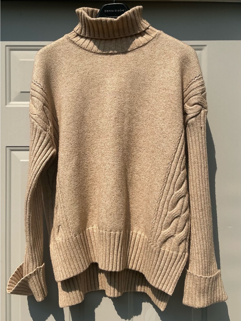 Entro Oversized Cable Knit Turtleneck Sweater Beige Boxy Cozy High Low Hem Large